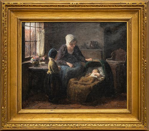 BERNARD POTHAST (DUTCH 1882-66), OIL ON CANVAS, H 20", W 24", INTERIOR GENRE SCENE WITH MOTHER & CHILDREN 
