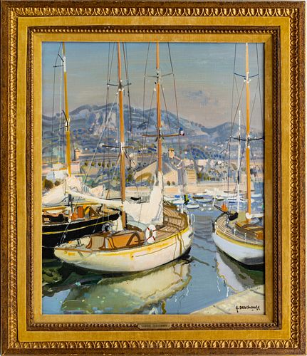 GABRIEL DESCHAMPS, FRENCH B.1919, OIL ON CANVAS, H 24" W 20" VILLE FRANCHE, SAILBOATS IN HARBOR