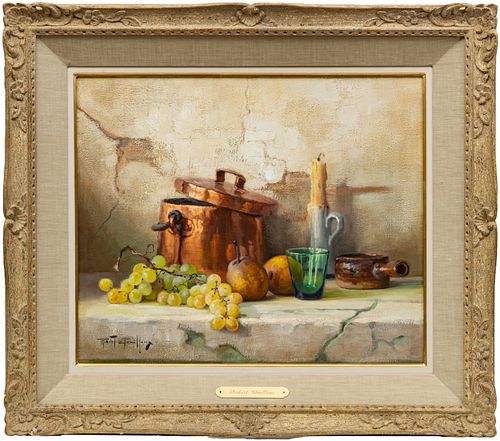 ROBERT CHAILLOUX, FRENCH 1913 - 06, OIL ON CANVAS, H 18" W 22" STILL LIFE WITH FRUIT AND VESSELS 