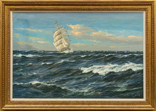PATRECK VON KALCKREUTH (GERMAN 1892 - 1970) OIL ON CANVAS, H 24", W 36", CLIPPER SHIP 