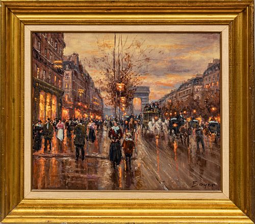 ANDRÉ  BOYER (FRENCH, 1909) OIL ON CANVAS, H 17.5" W 21", PARIS STREET 