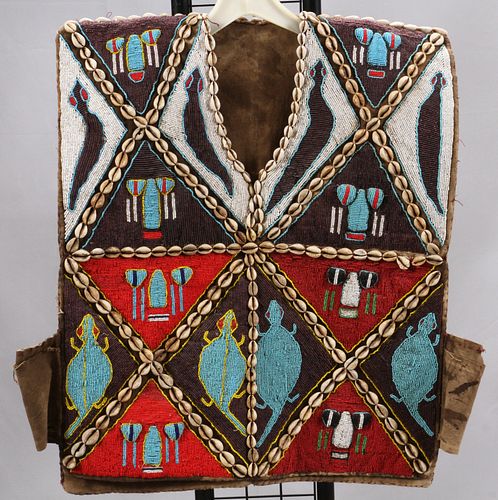 AFRICAN YORUBA CEREMONIAL BEADED CLOTH VESTMENT H 25" W 21.5" 
