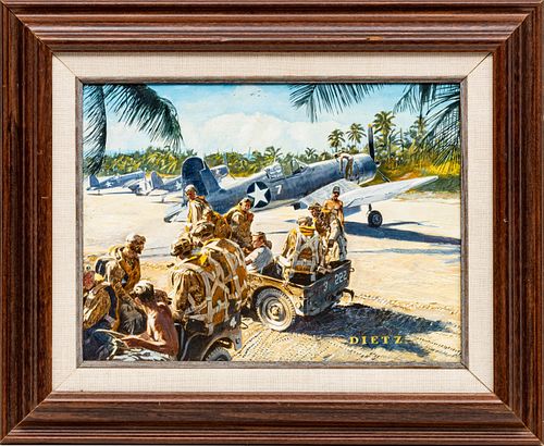 JAMES DIETZ (AMERICAN B.1946) OIL ON CANVAS, H 18" W 12" U.S. WWII PILOTS IN JEEPS ON AIRFIELD 
