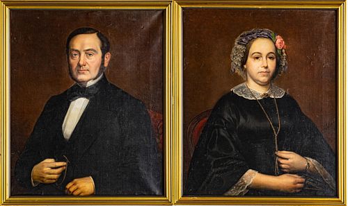 B. WEISER, OILS ON CANVAS, 1887, PAIR, H 30", W 25", PORTRAIT OF MAN AND WIFE 