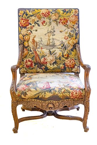 NEEDLEPOINT AND CARVED WALNUT ARMCHAIR, EARLY 20TH C., H 44.5", W 29", D 23" 
