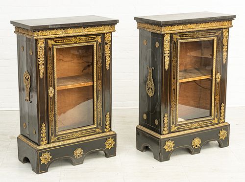 FRENCH BOULLE EBONIZED, ORMOLU MOUNTED & MARBLE TOP SIDE CABINETS, 19TH C, PAIR, H 43", W 28" 