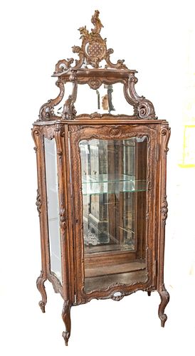 LOUIS XV STYLE CARVED WALNUT CURIO CABINET, EARLY 20TH C., H 74", W 32", D 18" 
