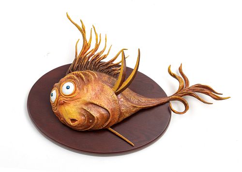 DR. SEUSS (AMERICAN), HAND-PAINTED CAST RESIN, UNORTHODOX TAXIDERMY SCULPTURE 2011, H 22.5" W 16" L 6.5", "FLAMING HERRING" 78/850 
