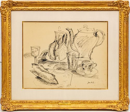 JEAN DUFY (FRENCH 1888-1964) INK DRAWING ON PAPER, H 16" W 20" "NATURE MORTE" 