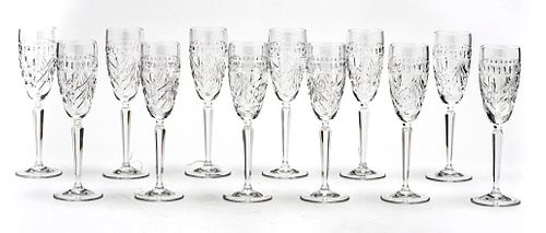 WATERFORD CRYSTAL CHAMPAGNE FLUTES, SET OF 12, H 9.25" "OVERTURE" PATTERN. 