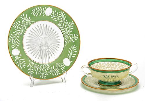LACE DECORATED CREME SOUPS AND UNDERPLATES,  ALSO 12 PLATES 31PCS. 