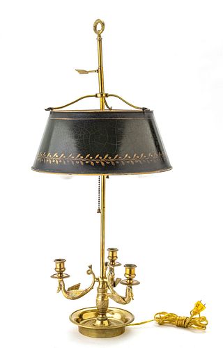 BRASS CANDLABRA STYLE BOUILLOTTE LAMP, TOLE SHADE H 29" DIA 13" 