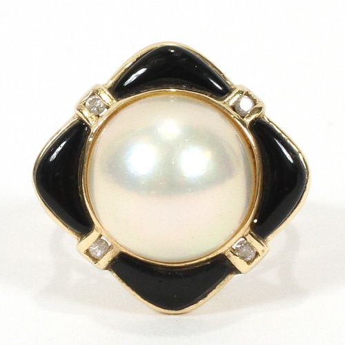 MABE PEARL, ONYX & DIAMOND, 14KT YELLOW GOLD, RING, SIZE 6.5, TW. 5.4 GR. 