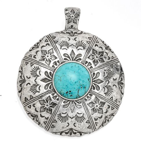 RETURNED TO OWNER 8/29/22  JW STERLING SILVER & PERSIAN TURQUOISE PENDANT C 1900 DIA 2 3/4" 