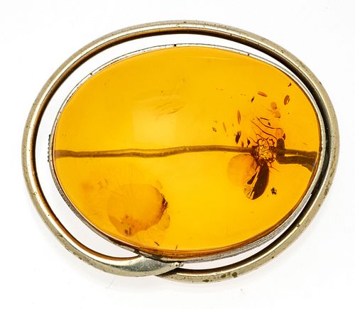 BALTIC AMBER BROOCH WITH BUG, STERLING SILVER BEZEL W 1 1/2" 