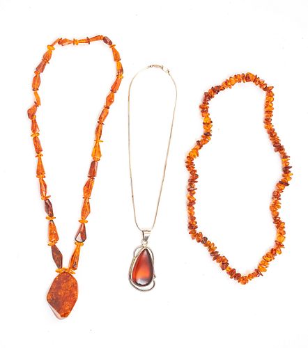 PAOLO ROMEO (ITALIAN) STERLING SILVER AND AMBER PENDANT AND TWO AMBER NECKLACES, THREE PIECES