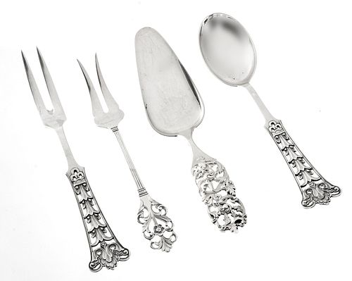 THEODORE OLSEN, STERLING SILVER FORK AND SPOON. L 8.8", 2.1TO & R. ELVESAETER SERVER, 4 PCS. 