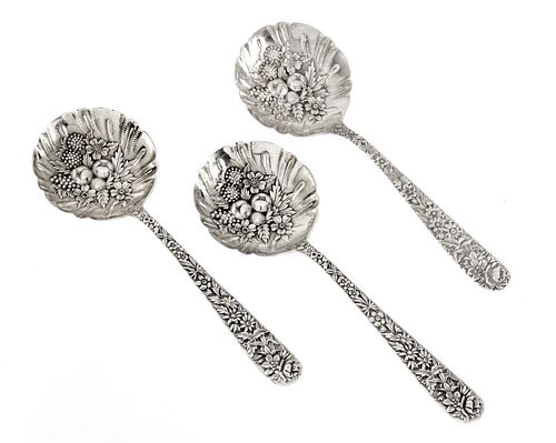 S. KIRK, STERLING "REPOUSSE" SERVING SPOONS, 9.9TO, THREE, L 9" 