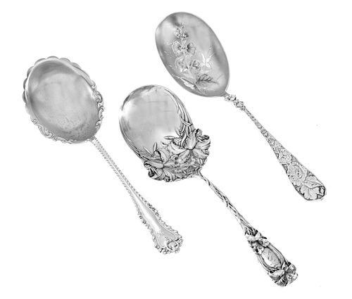 STERLING FANCY SERVING SPOONS,3, DOMINICK AND HAFF, DURGIN GORHAM, E B BOOTH & SONS L 9" 