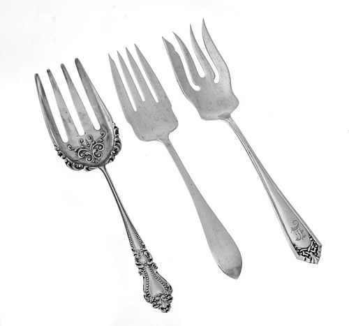 STERLING SERVING FORKS,  DOMINICK AND HAFF + OTHER THREE, L 7", 8" 