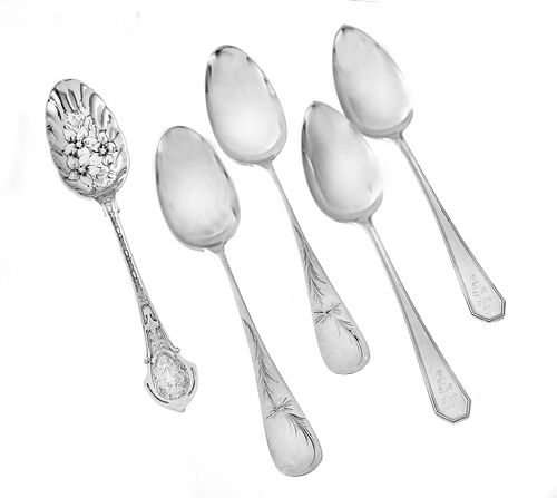 STERLING SERVING SPOONS, WOOD AND HUGHES ETC. LOT OF FIVE, 8,5TO 