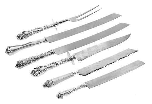 STERLING SILVER 2 PC ROAST CARVING SET + 4 SERRATED KNIVES 
