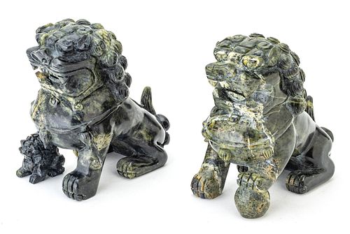 CHINESE GREEN HARDSTONE FOO DOGS C 1950 PAIR H 6.5" D 6" 