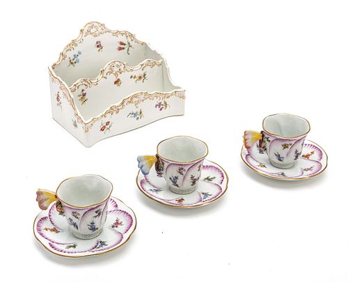 PORCELAIN TEA CUPS, BUTTERFLY HANDLES AND HAND PAINTED LETTER HOLDER, C 1900 12 PIECES 