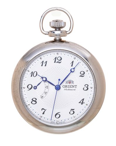 ORIENT STAINLESS MECHANICAL POCKET WATCH & CHAIN DIA 1 1/2" 