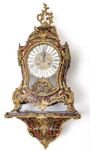 FRENCH EBONY  AND BRASS BOULLE CLOCK AND SHELF, 20TH C., TWO PIECES, H 23", W 12", D 5.5" (CLOCK) 