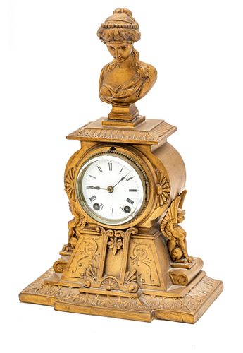 SETH THOMAS SONS CO. EMPIRE STYLE PATINATED METAL MANTLE CLOCK, H 15", W 9.75", D 6" 