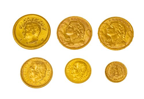 GOLD COINS: SWISS, PERSIAN, MEXICO SIX 