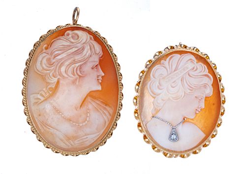 14KT YELLOW GOLD, CAMEO BROOCHES, C 1930, TWO H 1 1/4 - 1 3/4" 