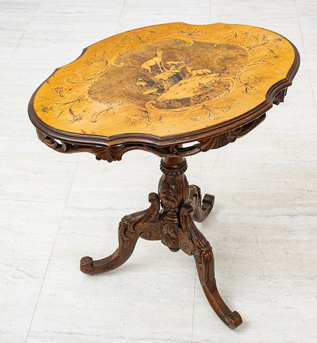 BAVARIAN WALNUT CARVED AND INLAID TILT TABLE C 1900 H 27" W 18" L 25" 