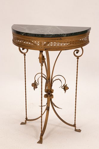 MARBLE TOP DEMI-LUNE IRON BASE CONSOLE H 32" W 23" D 12" 