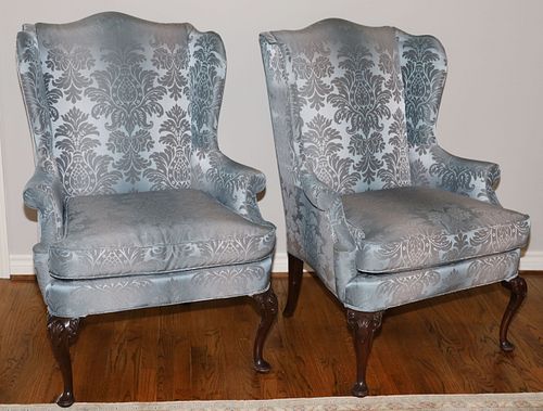 PAIR OF CHIPPENDALE CARVED MAHOGANY WING CHAIRS, H 43" W 32" D 32" 