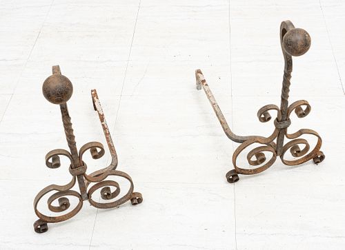 WROUGHT IRON ANDIRONS, C 1900 H 24" W 14" D 21" 