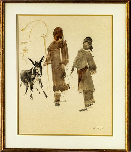 MOSHE PINHASI, (ISRAEL, B. 1929) H 18" W 12" TWO CHILDREN AND DONKEY 