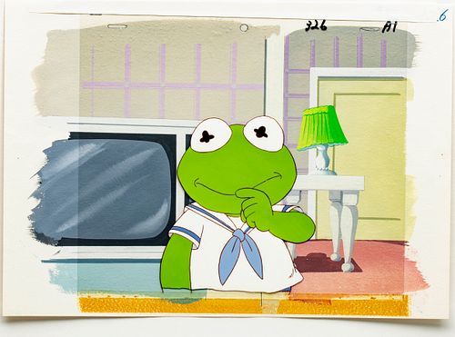 "MUPPET BABIES" PRODUCTION ANIMATION CEL WITH HAND PAINTED BACKGROUND, C. 1980S, H 8", W 10", KERMIT THE FROG 