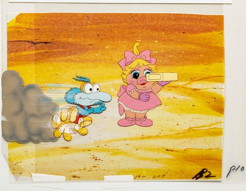 "MUPPET BABIES" PRODUCTION ANIMATION CELS, C. 1980S, H 5 1/2", W 8", MISS PIGGY AND GONZO 