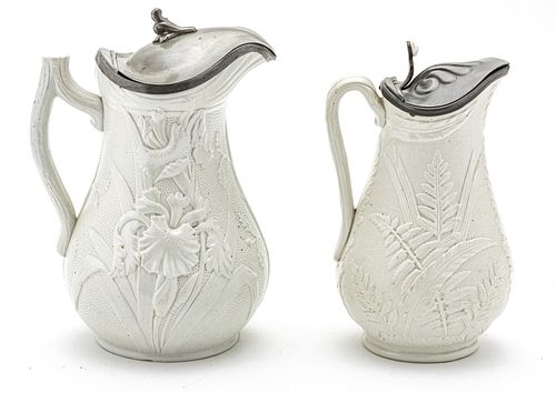 GERMAN SALT GLAZE AND PEWTER PITCHERS, 19TH.C. TWO H 8.5", 10" 