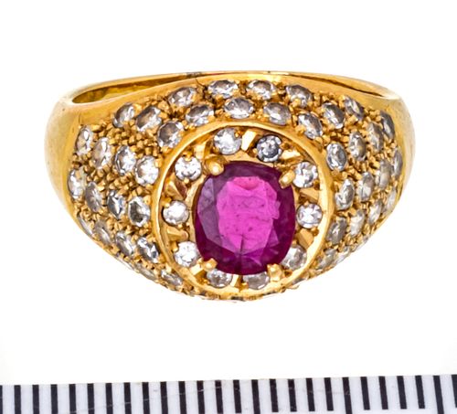 RUBY AND DIAMOND , 18 KT YELLOW GOLD RING C 1940 SIZE 7 