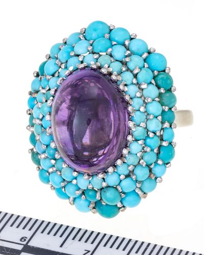 AMETHYST AND TURQUOISE, 14KT RING C 1950, SIZE 7 1/4 