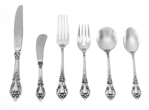 LUNT "ELOQUENCE" STERLING SILVER FLATWARE SET FOR 18, 131PCS. IN ROSEWOOD CABINET 