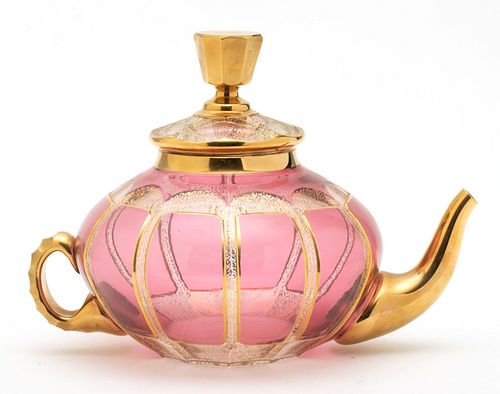 MOSER BOHEMIAN GLASS AND FIRED GOLD TEAPOT, H 8", L 10.5"