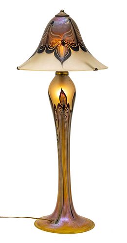 ART GLASS  TABLE LAMP AND SHADE, 1983, H 29.5", DIA 12"