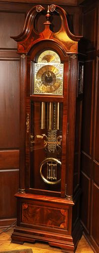 HOWARD MILLER CARVED MAHOGANY GRANDFATHER CLOCK H 87" W 25" D 15" 