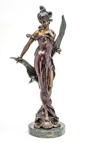 AFTER PIERRE ROCHE (FRENCH 1855-1922) BRONZE SCULPTURE, 20TH C., H 25 1/2", W 13", D 7", "DIANA" 