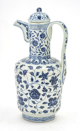 CHINESE BLUE & WHITE PORCELAIN PITCHER, H 15", W 7" 
