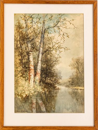 CHARLES DAY HUNT (MICHIGAN/NEW YORK, 1840-1914) WATERCOLOR ON PAPER, H 15", W 10.75", RIVER SCENE WITH BIRCH TREES 